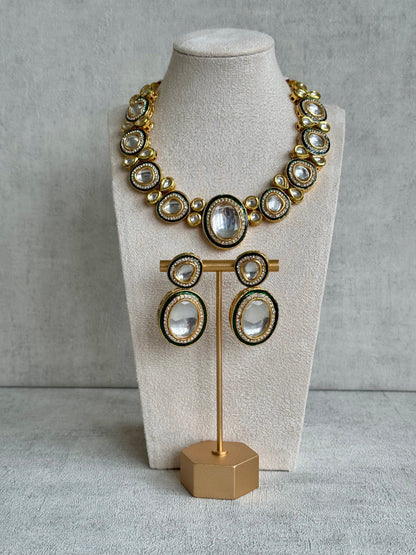 Ayura Designs Sahiba Set – Gold and Emerald Green Kundan Necklace with Oversized Oval Stones and Matching Drop Earrings