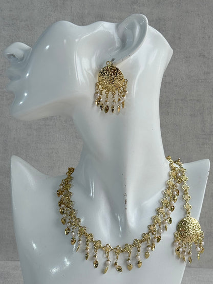 Ayura Designs Rupal Necklace Set with Earrings & Tikka – Gold Finish with Pearls & Pippal Patti Detailing