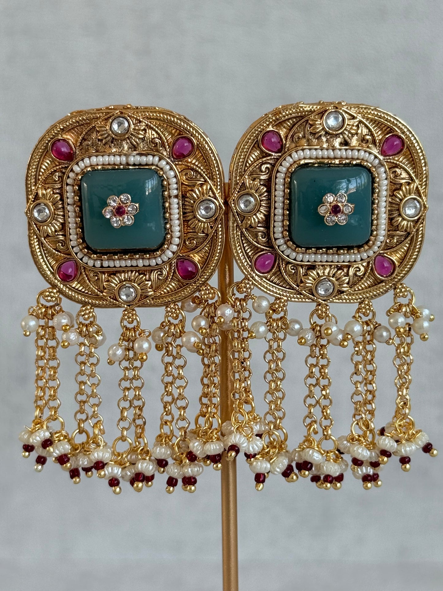 Ayura Designs Gunjal Earrings – Sage Green & Rani Pink Chain Drop Studs with Kundan & Bead Detailing