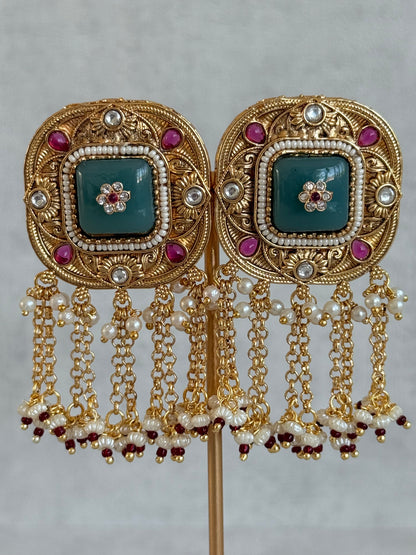 Ayura Designs Gunjal Earrings – Sage Green & Rani Pink Chain Drop Studs with Kundan & Bead Detailing