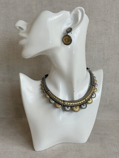 Ayura Designs Surmai Necklace Set with Earrings – Dual Tone Oxidised Necklace with Disc Motifs & Geometric Detailing