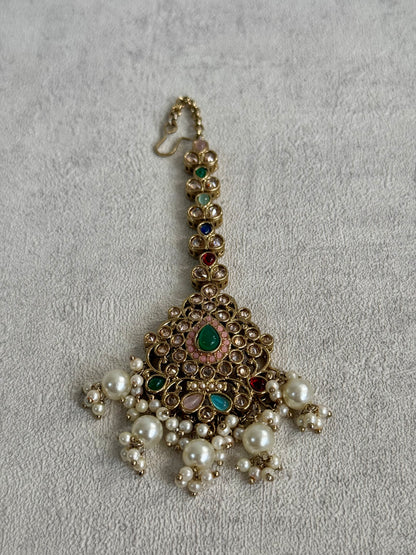 Ayura Designs Rangrez Choker Set with Tikka & Jhumkis – Kundan & Pearl in Multicolor Antique Gold