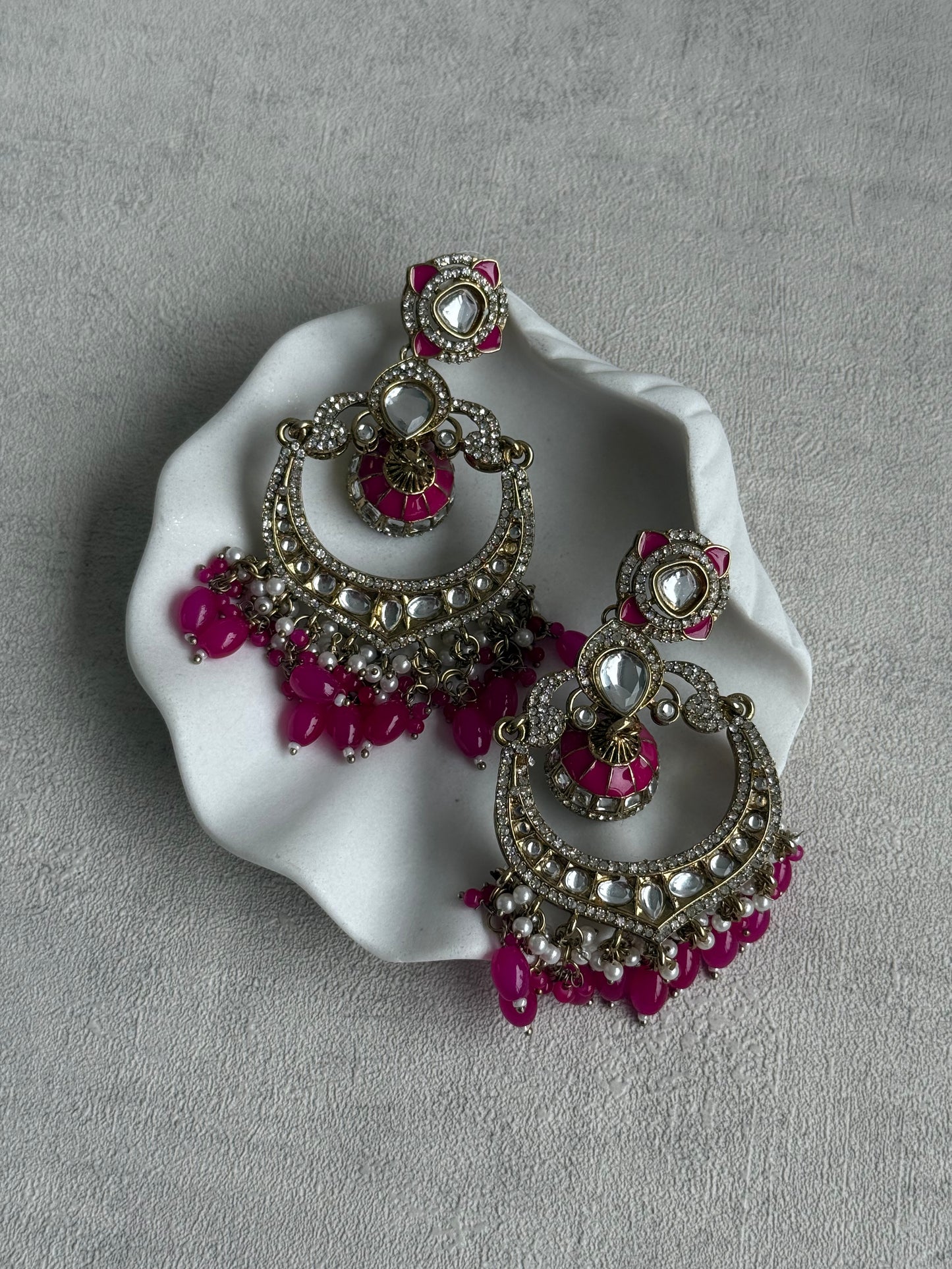Ayura Designs Reha Earrings – Statement Chandbalis with Hot Pink Beads, Pearls & Mirror-Cut Stones