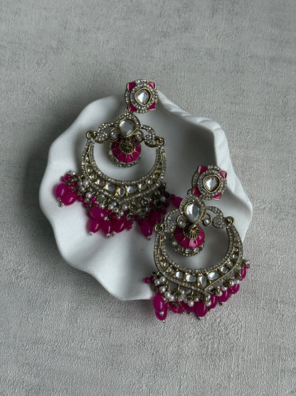 Ayura Designs Reha Earrings – Statement Chandbalis with Hot Pink Beads, Pearls & Mirror-Cut Stones