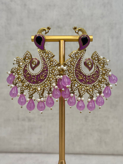 Ayura Designs Moorni Earrings – Peacock-Inspired Chandbalis with Lavender Meenakari, Kundan, and Pearl Accents