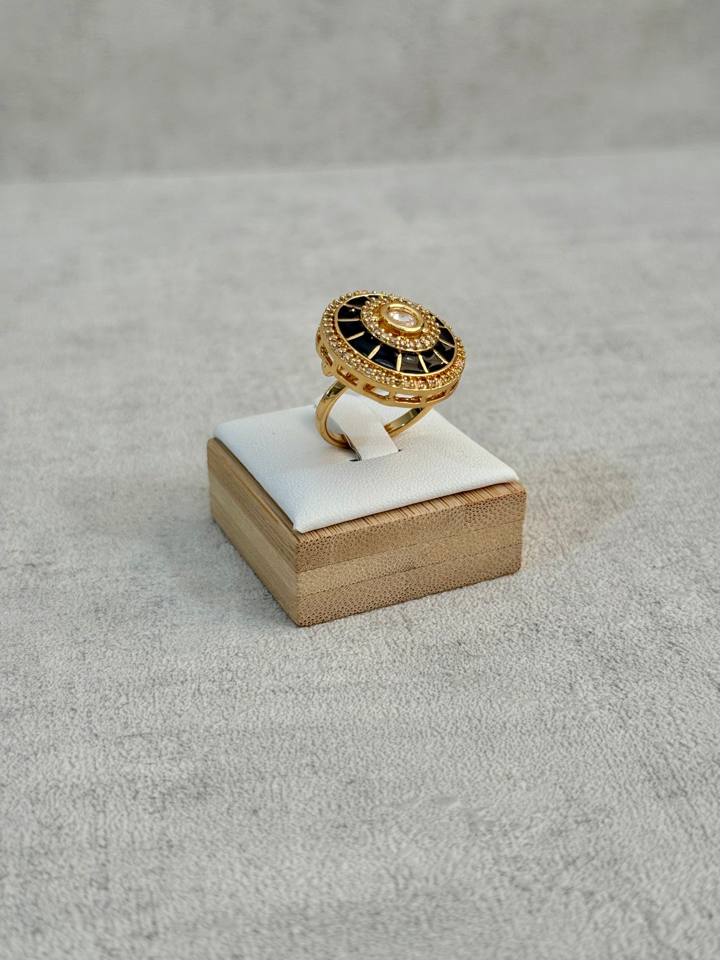 Ayura Designs Maisie Adjustable Ring – Black Enamel with Crystal Border & Moissanite Centre