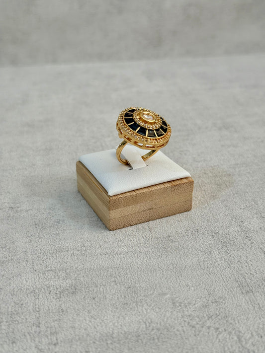 Ayura Designs Maisie Adjustable Ring – Black Enamel with Crystal Border & Moissanite Centre