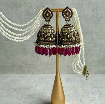 Ayura Designs Amrita Set – Jhumkis with Sahare & Tikka in Magenta, Pearls and Antique Gold Finish