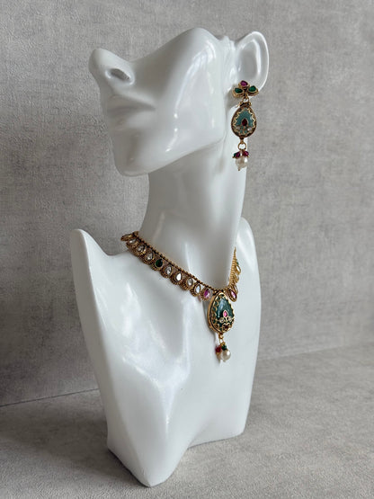 Ayura Designs Lamees Necklace Set with Earrings – Green Enamel, Emerald Green & Ruby Pink Stones with Pearl Drops