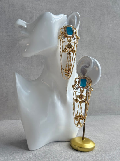 Ayura Designs Jaid Earrings – Aqua Blue Floral Motif with Layered Chains & Ghungroos