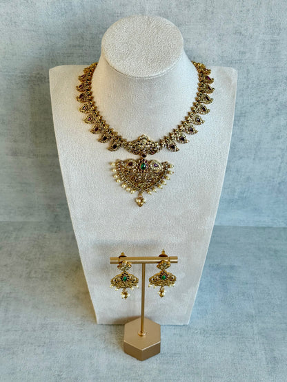Ayura Designs Joya Set with Necklace, Earrings & Tikka – Kundan Detailing, Pink & Green Stones with Pearl Drops