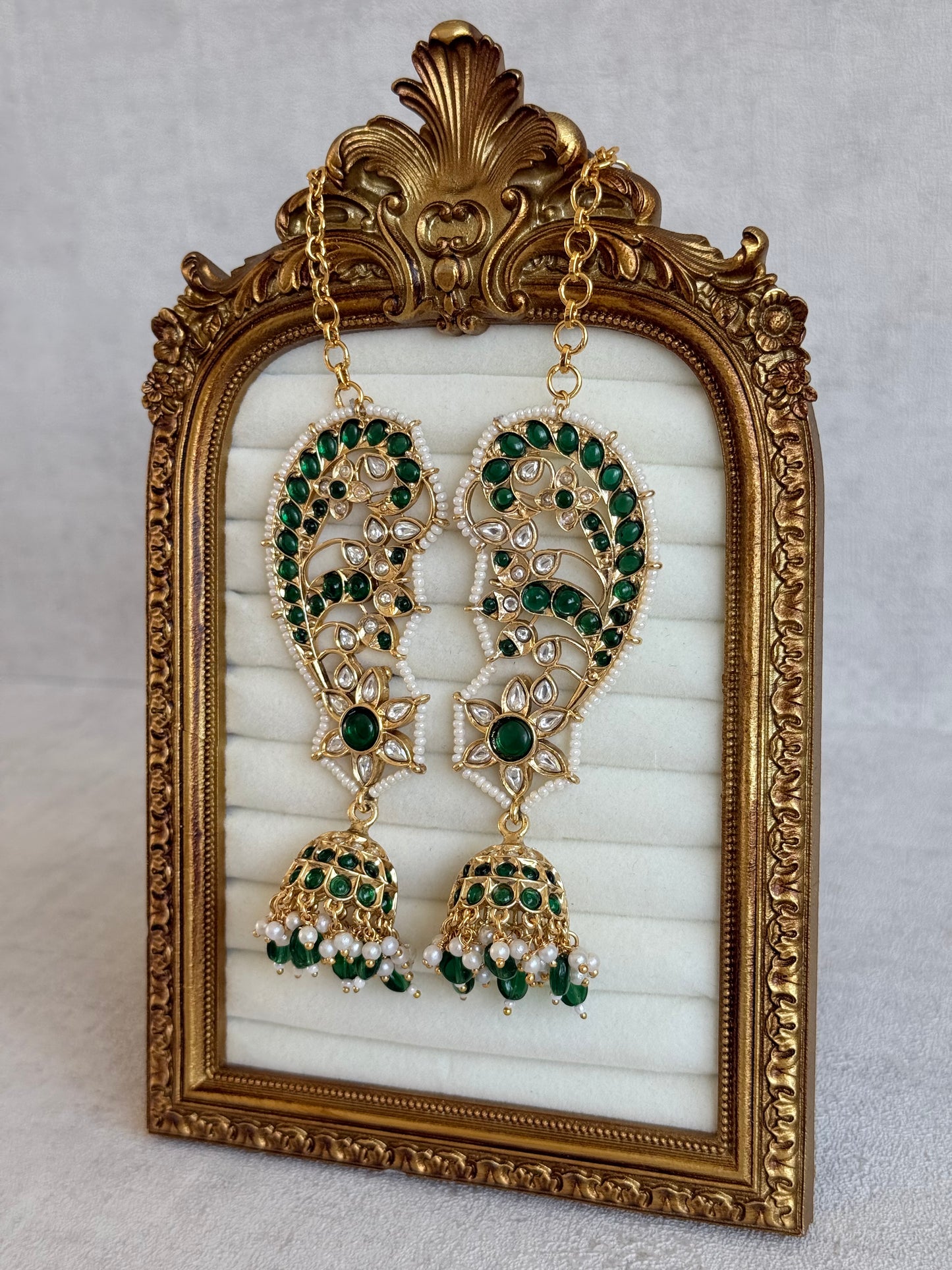 Ayura Designs Urisha Ear Climber Jhumkis – Emerald Green, Kundan & Pearl Detailing