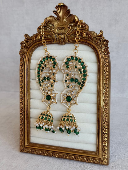 Ayura Designs Urisha Ear Climber Jhumkis – Emerald Green, Kundan & Pearl Detailing