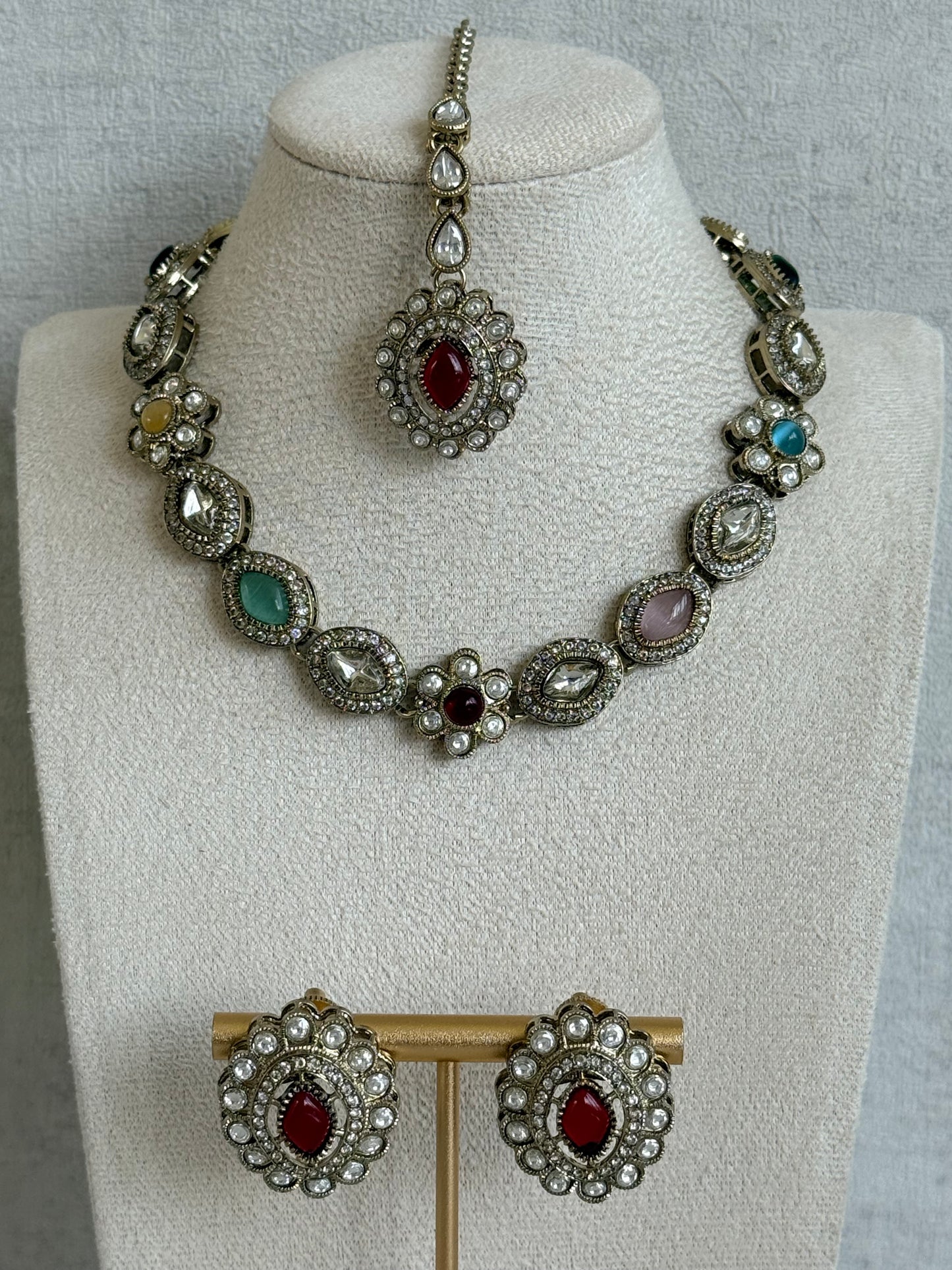 Ayura Designs Ivy Necklace Set with Studs & Tikka – Multicolour Kundan Detailing