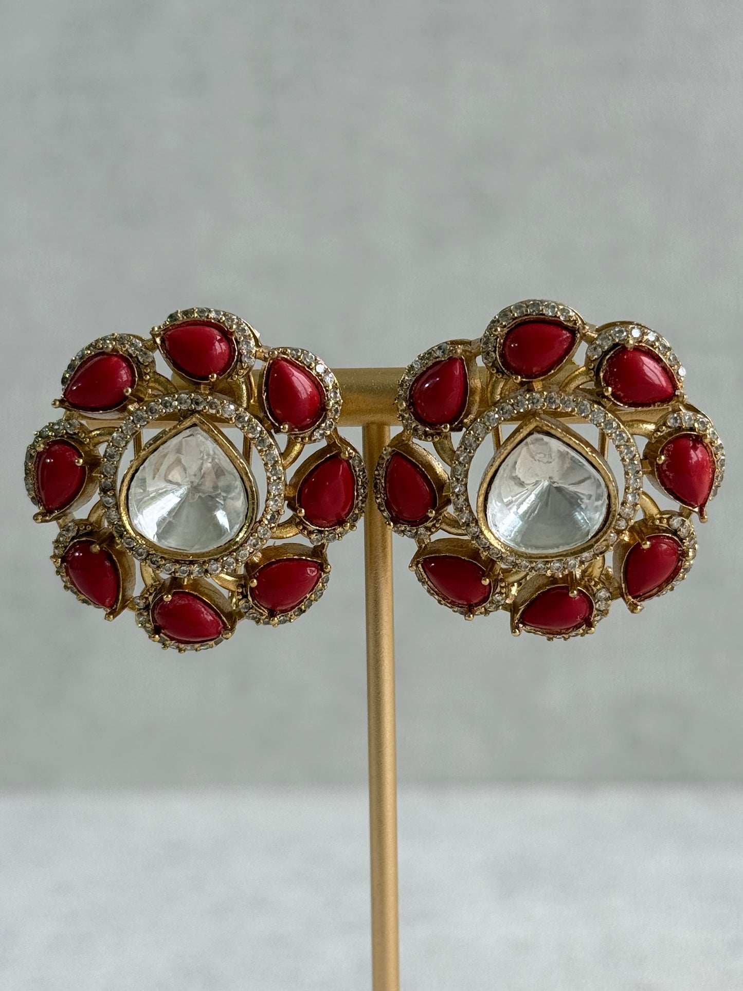 Ayura Designs Giana Stud Earrings – Ruby Red & Crystal Kundan with Gold Finish