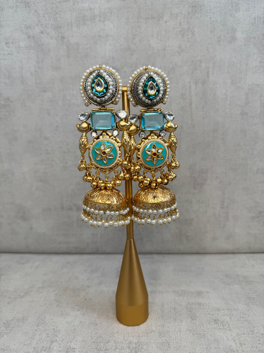 Ayura Designs Neelam Earrings – Handcrafted Gold-Toned Brass Statement Earrings with Blue Enamel, Kundan, Pearls & Jhumka Detailing