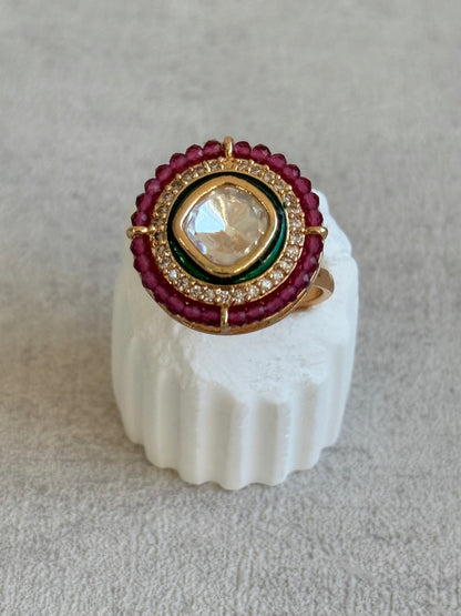 Ayura Designs Roselle Adjustable Ring – Moissanite Centre with Crystal Border & Rani Pink Beads