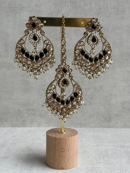 Ayura Designs Damini Tikka Set – Mirror-Cut Kundan Earrings & Tikka with Black Enamel and Pearl Detailing