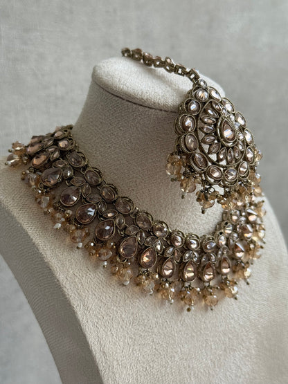 Ayura Designs Emaan Set with Jhumkis & Tikka – Champagne Stones, Antique Gold Finish & Crystal Detailing