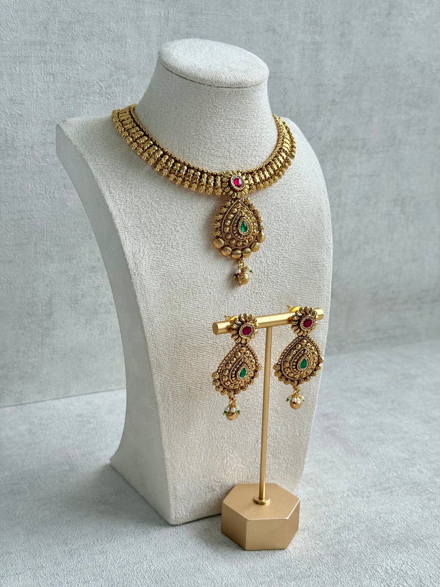 Ayura Designs Ayma Necklace Set with Earrings – Antique Gold Finish with Ruby Pink, Emerald Green & Crystal Detailing