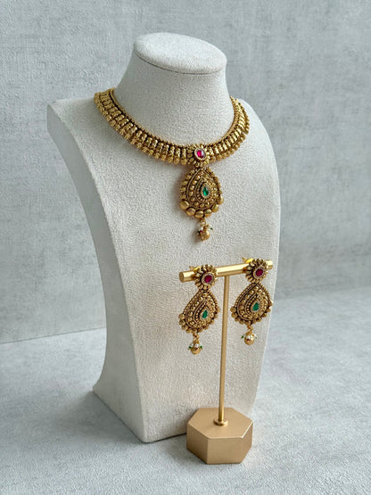 Ayura Designs Ayma Necklace Set with Earrings – Antique Gold Finish with Ruby Pink, Emerald Green & Crystal Detailing