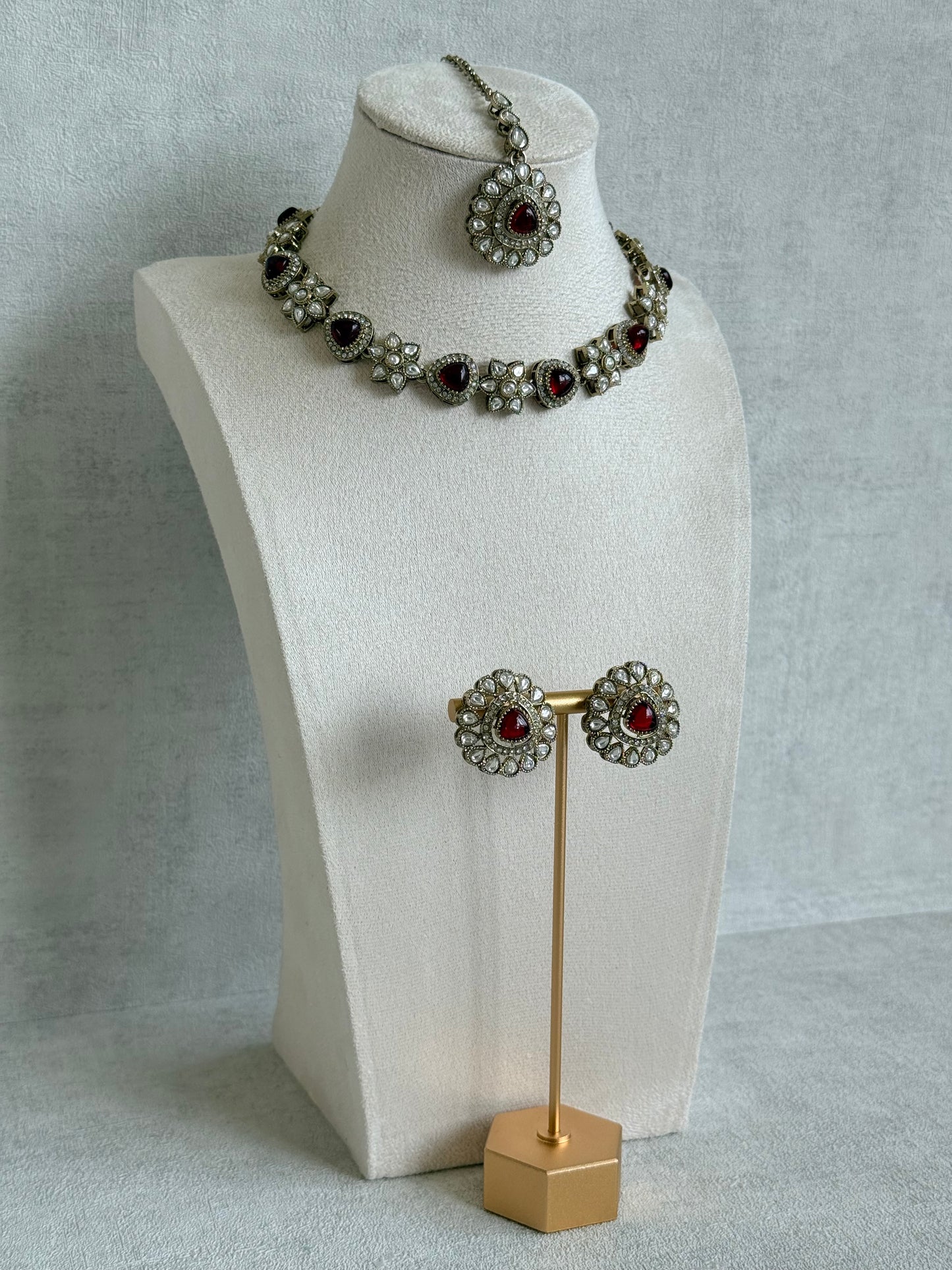 Ayura Designs Ivy Necklace Set with Studs & Tikka – Ruby Red Kundan Detailing