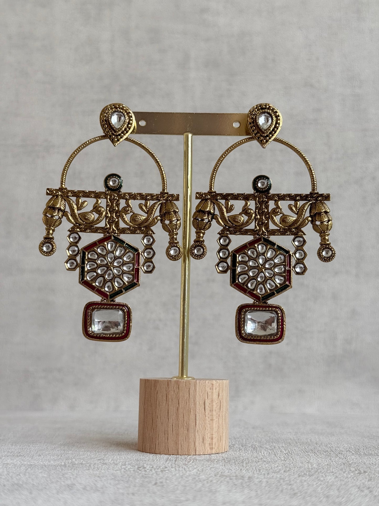 Ayura Designs Irene Earrings – Green & Pink Kundan, Meenakari & Crystal Peacock Chandeliers in Gold
