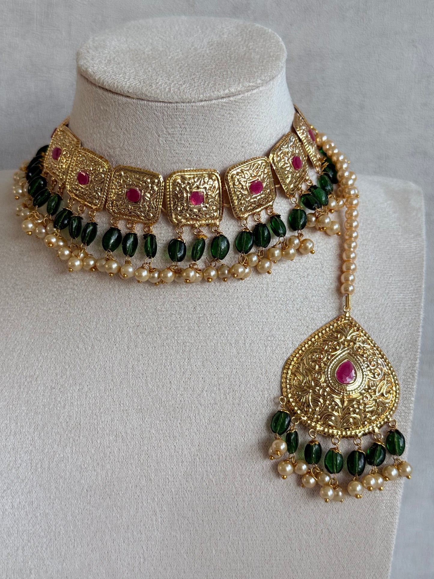 Ayura Designs Chetna Choker Set with Earrings & Tikka – Emerald Green Beads, Cream Pearl Drops with Pipal Patti Detailing