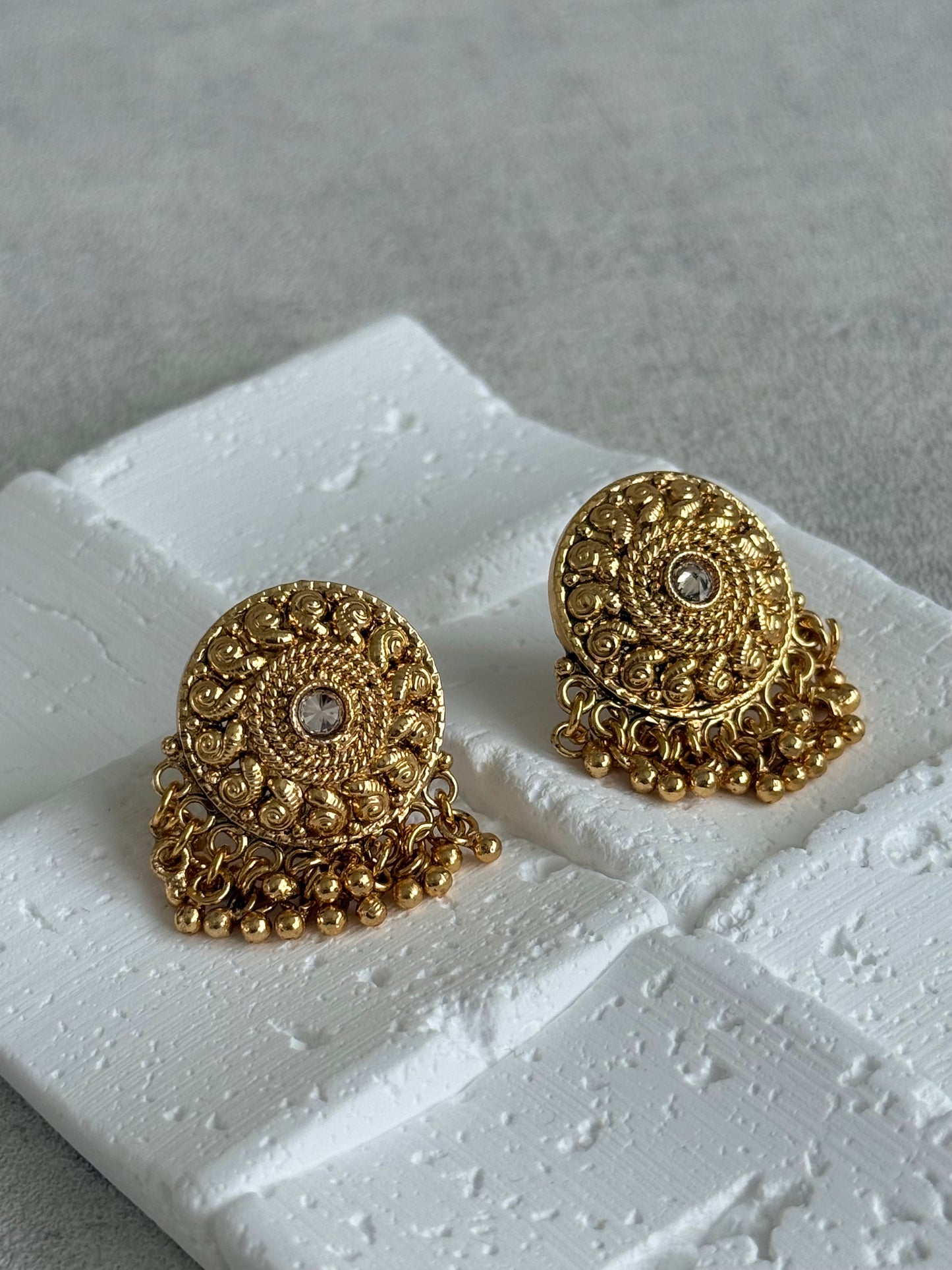 Ayura Designs Deesha Stud Earrings – Gold Finish with Crystal & Ghungroo Detailing