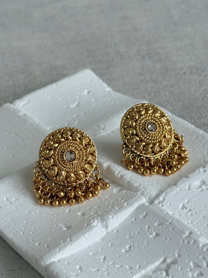 Ayura Designs Deesha Stud Earrings – Gold Finish with Crystal & Ghungroo Detailing