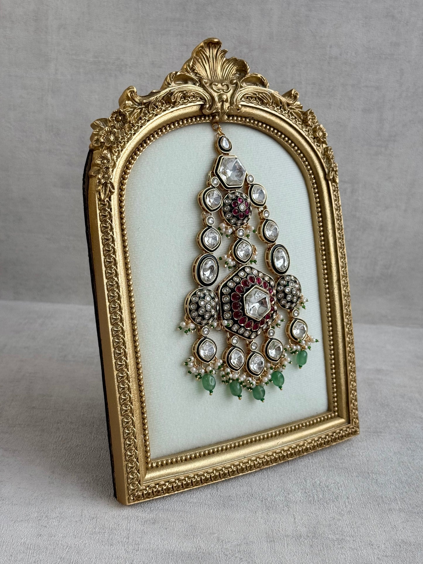 Ayura Designs Visha Jhoomar Passa – Polki Kundan with Ruby Pink Stones, Jade Green Drops & Pearl Detailing
