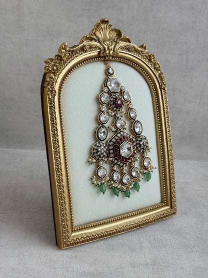 Ayura Designs Visha Jhoomar Passa – Polki Kundan with Ruby Pink Stones, Jade Green Drops & Pearl Detailing