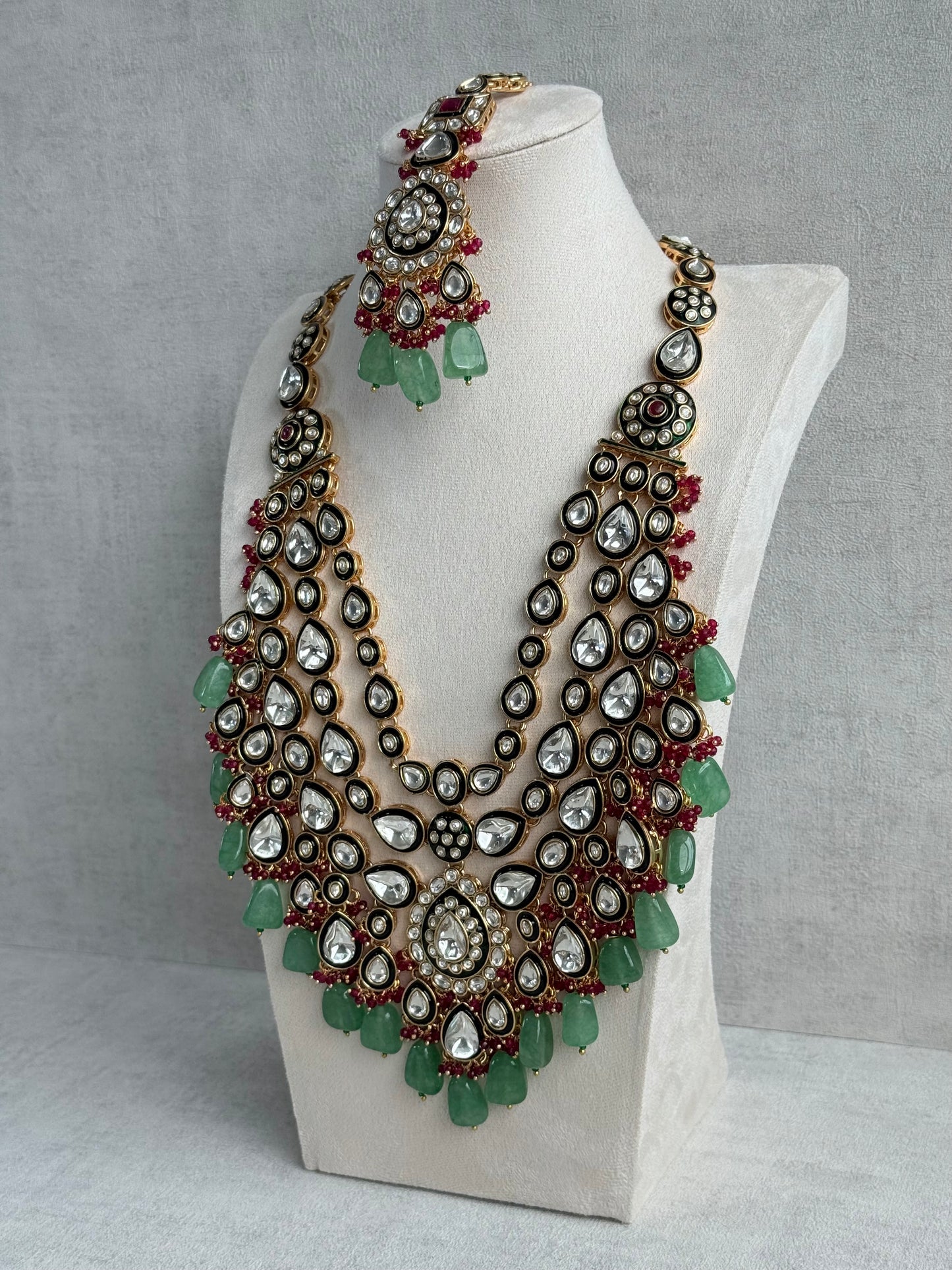 Ayura Designs Zahira Bridal Set with Necklace, Earrings & Tikka – Kundan Detailing with Green Enamel, Pink Stones & Jade Green Beads