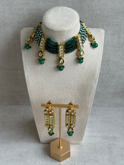 Ayura Designs Taanvi Choker Set – Emerald Green Beaded Choker & Earrings with Kundan Panels, Gold Finish & Drop Detailing