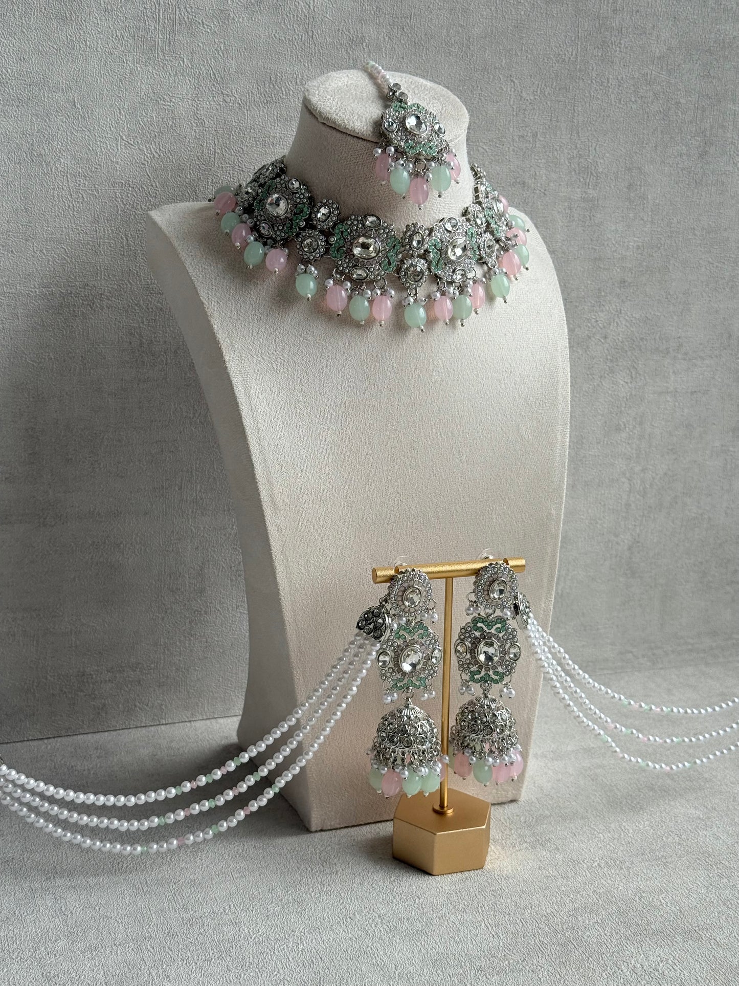 Ayura Designs Uzairah Set with Tikka & Sahare Jhumkis – Pastel Mint & Blush Beads with Pearl Strands & Mirror-Cut Detailing
