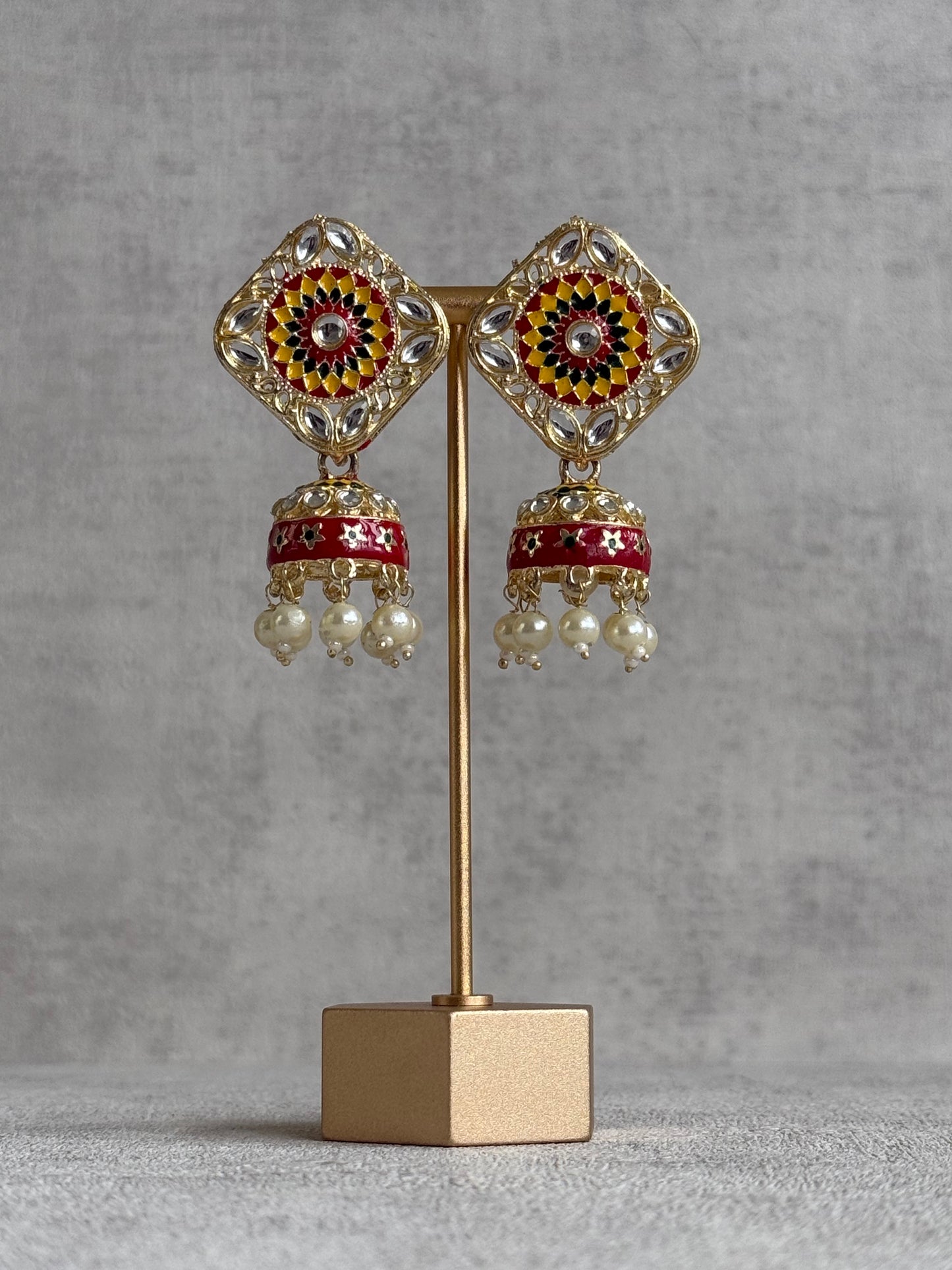 Ayura Designs Rangoli Jhumkis – Marigold Yellow, Deep Red & Forest Green Meenakari with Pearl Drops in Antique Gold Finish
