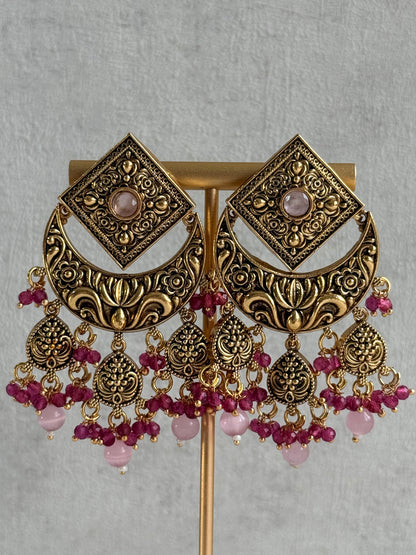Ayura Designs Samera Choker Set with Earrings & Tikka – Rani Pink & Blush Pink Beads, Green Centre Stone, Floral Motifs & Antique Gold Finish