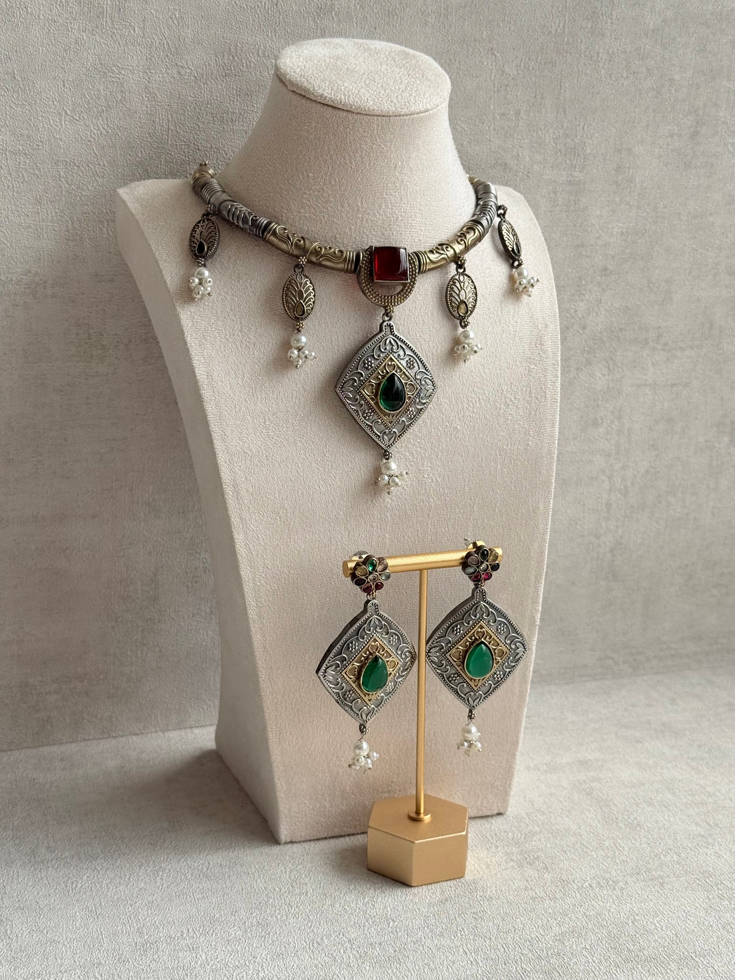 Ayura Designs Paayal Set with Earrings – Dual Tone Oxidised Necklace Set with Multicolour Stones & Pearl Clusters