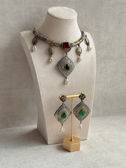 Ayura Designs Paayal Set with Earrings – Dual Tone Oxidised Necklace Set with Multicolour Stones & Pearl Clusters