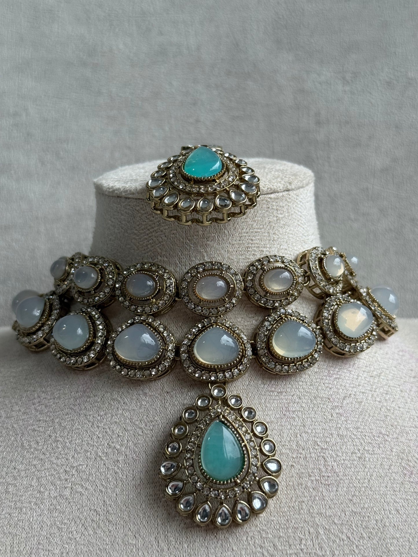 Ayura Designs Tamara Set with Necklace, Earrings & Tikka – Aqua & Opal Stones with Kundan Detailing in Antique Gold Finish