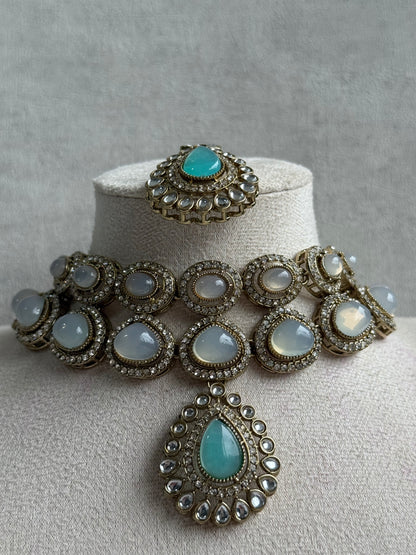 Ayura Designs Tamara Set with Necklace, Earrings & Tikka – Aqua & Opal Stones with Kundan Detailing in Antique Gold Finish