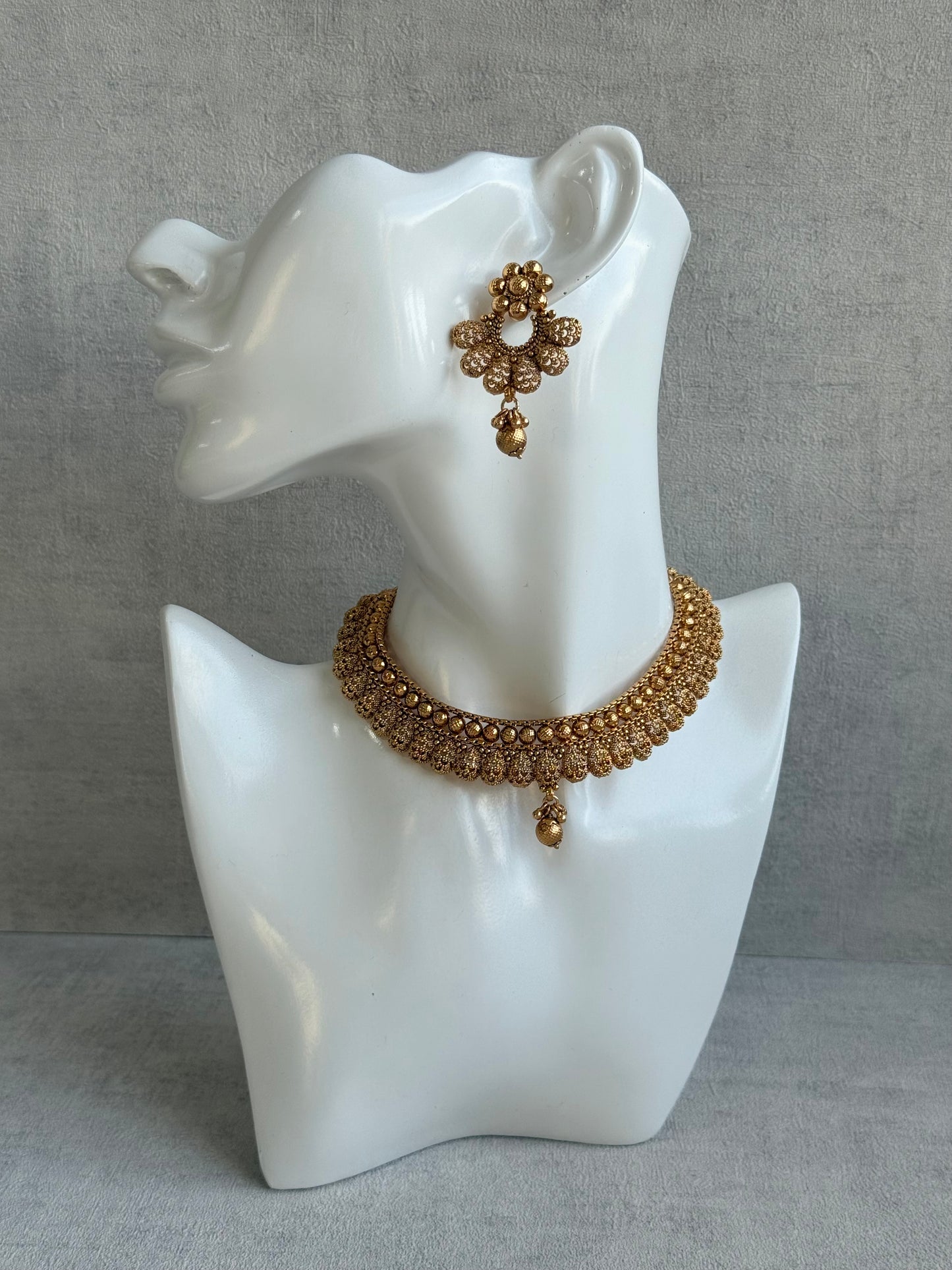Ayura Designs Chirag Necklace Set with Earrings – Matte Gold Textured Dome Drops