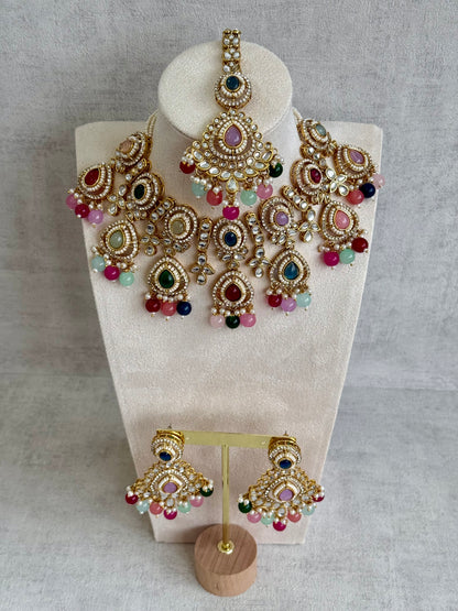 Ayura Designs Janvi Set with Necklace, Earrings & Tikka – Kundan Detailing, Multicolour Beads & Pearl Drops