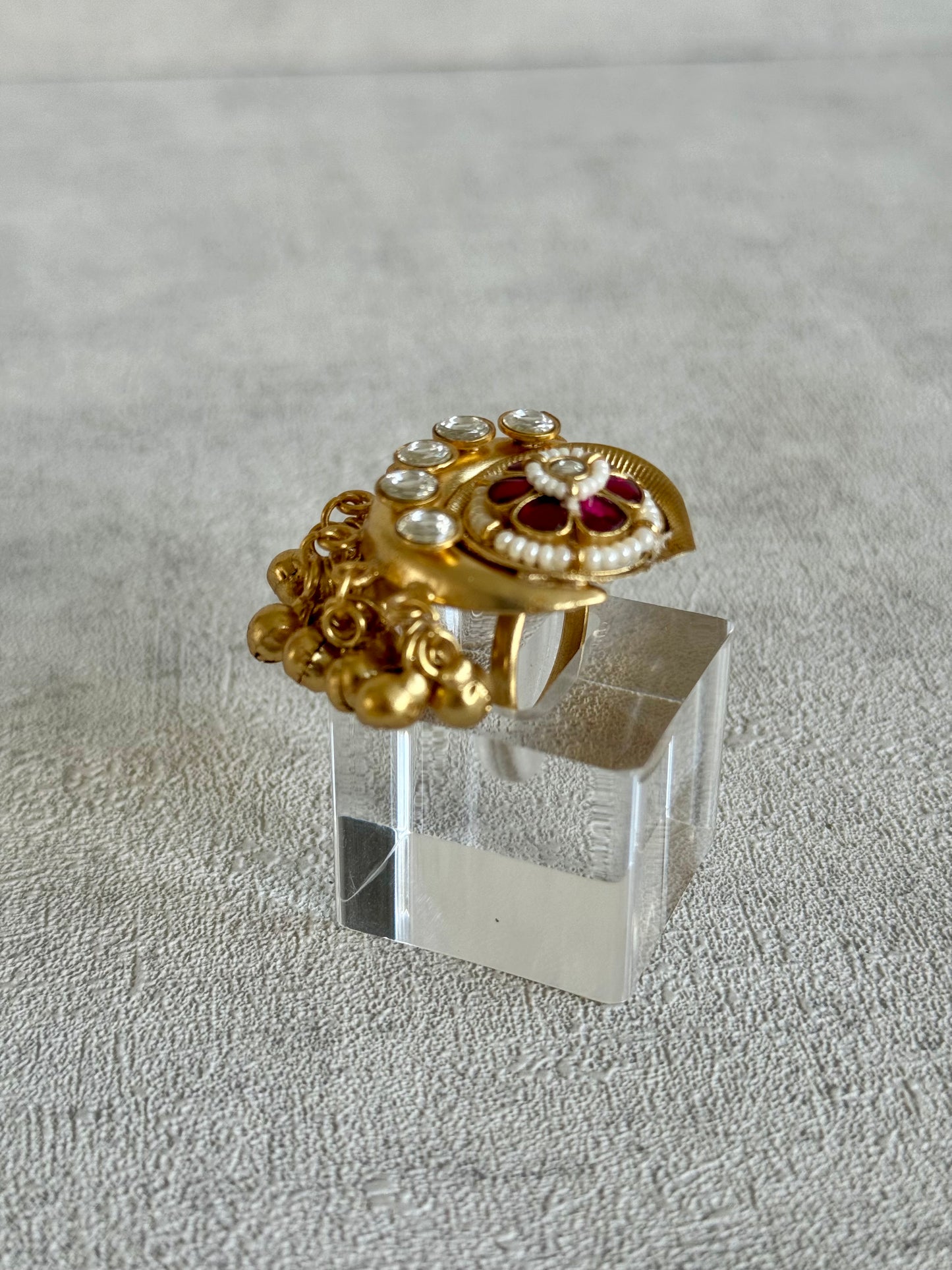 Ayura Designs Sochi Ring – Adjustable Antique Gold Ring with Hot Pink Meenakari, Mirror-Cut Stones & Ghungroo Detailing