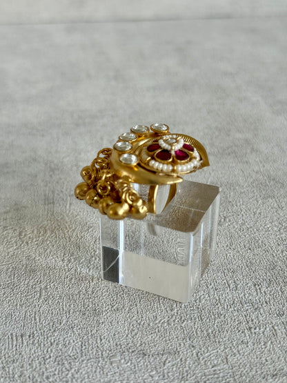 Ayura Designs Sochi Ring – Adjustable Antique Gold Ring with Hot Pink Meenakari, Mirror-Cut Stones & Ghungroo Detailing