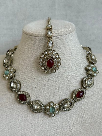 Ayura Designs Ivy Necklace Set with Studs & Tikka – Ruby Red & Mint Green Kundan Detailing