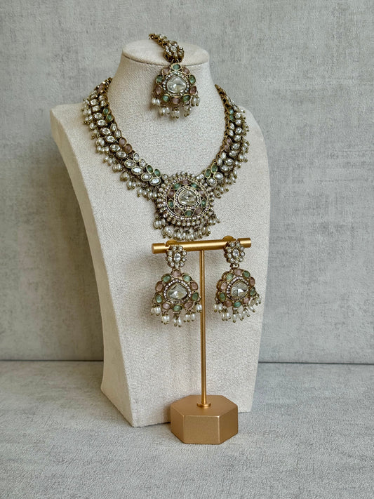 Ayura Designs Warda Set with Earrings & Tikka – Pistachio Green & Blush Pink Stones, Pearls & Antique Gold Finish