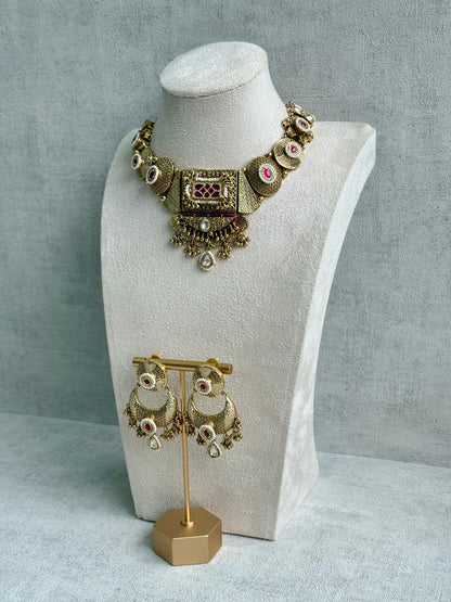 Ayura Designs Purvi Set – Necklace & Earrings with Antique Gold Filigree, Fuchsia Pink & Pearl Detailing