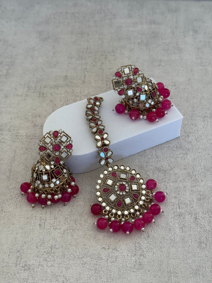 Ayura Designs Heer Tikka Set with Jhumkis – Pink, Mirror & Polki Stonework