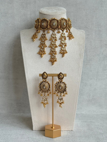 Ayura Designs Kabini Choker Set with Earrings – Gold Kundan Waterfall Choker with Ivory Pearls
